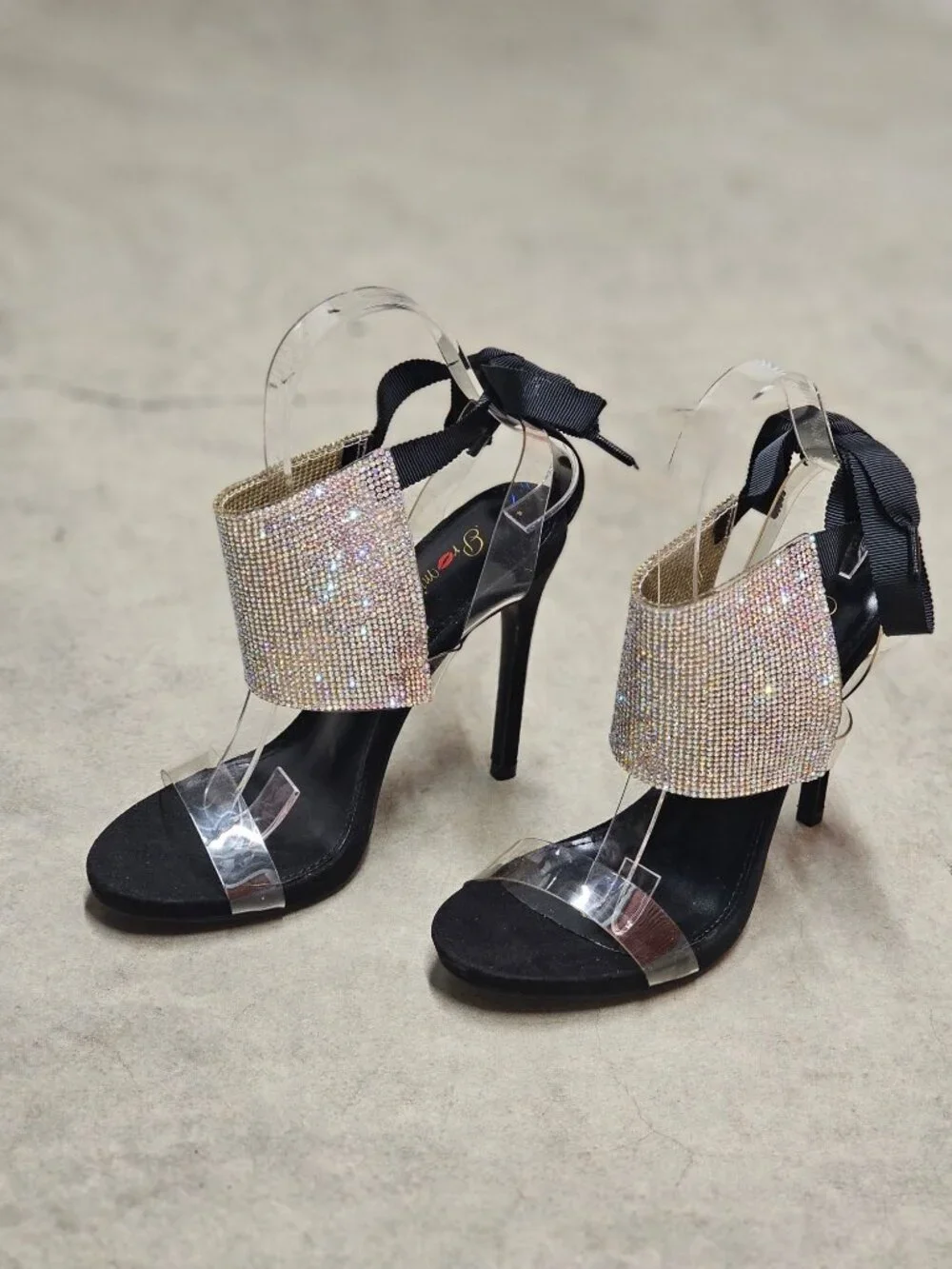 Black High Heel Sandals With Rhinestone Embellished Panels Clear Straps & Ribbon